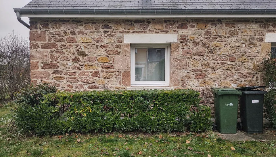 Arrière d'un pavillon en pierre avec une haie taillée et deux poubelles